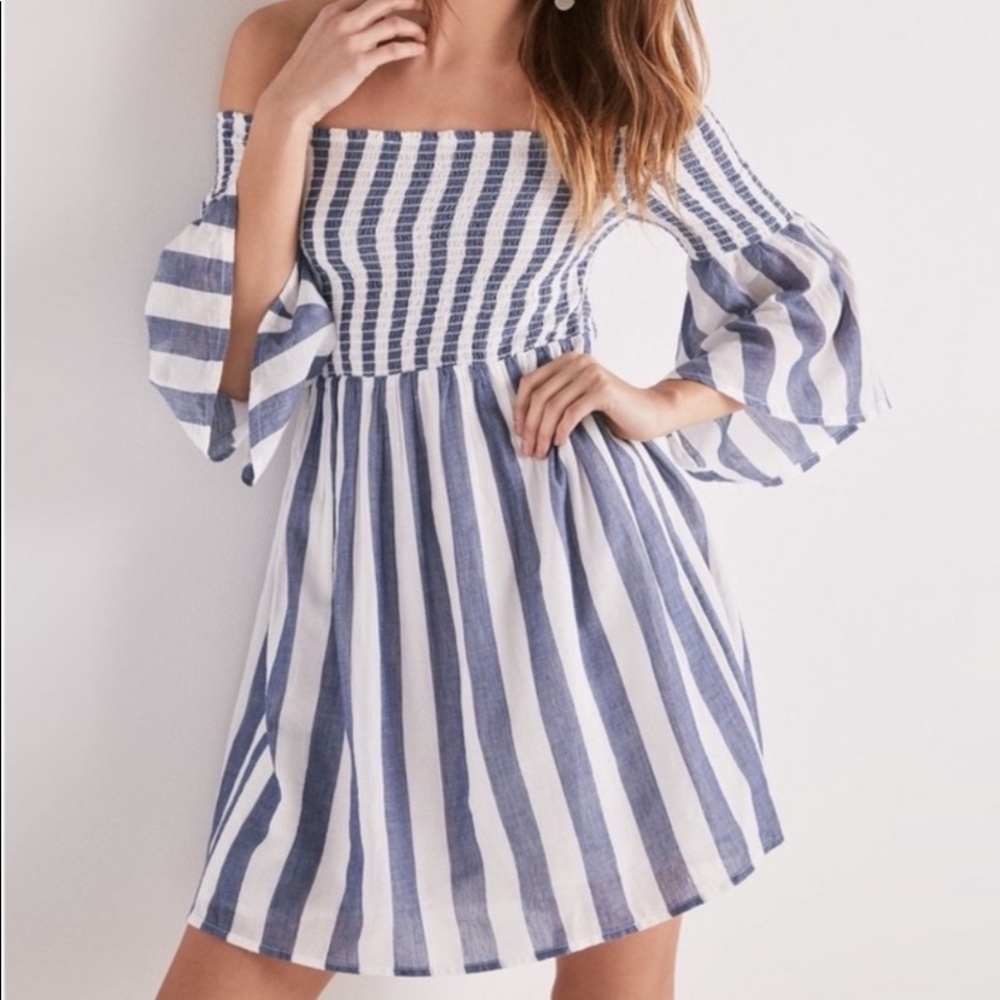 Lucky Brand Blue and White Striped Off-Shoulder Dress